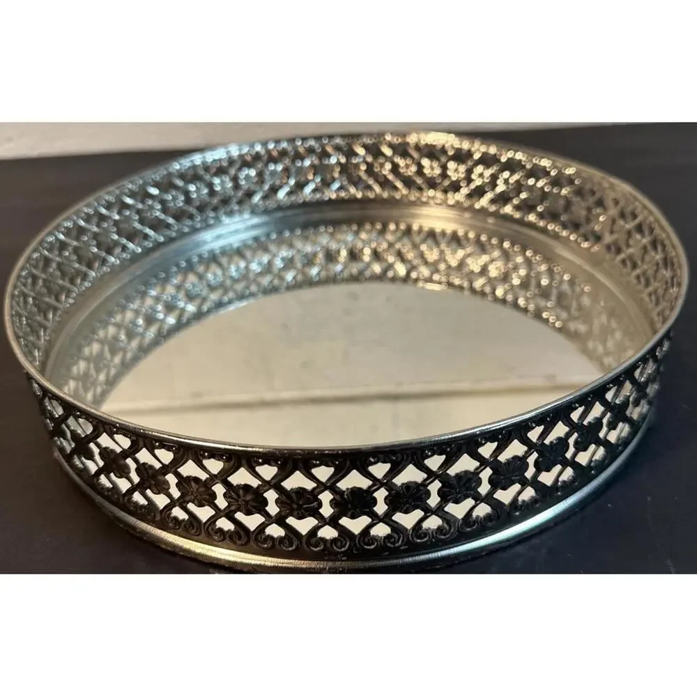 10” Round Elegant Silver Mirror Table Top Decor Vanity Tray Perfumes Ornate Rim